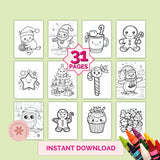 Collection of Christmas-themed coloring pages with crayons on a light green background