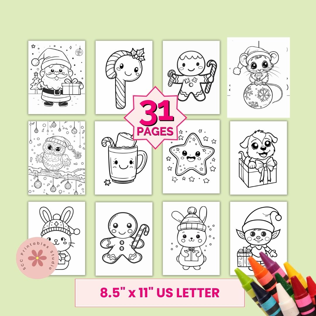 Coloring book pages with various illustrations on a green background, featuring 31 pages and size 8.5" x 11" US Letter.