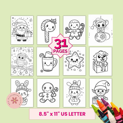 Coloring book pages with various illustrations on a green background, featuring 31 pages and size 8.5" x 11" US Letter.