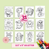 Coloring book pages with various illustrations on a green background, featuring 31 pages and size 8.5" x 11" US Letter.