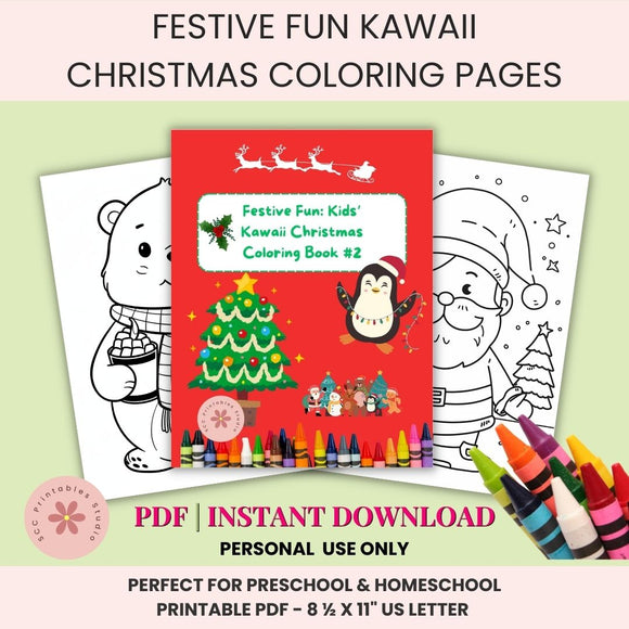Festive Fun Kawaii Christmas Coloring Pages with crayons on a light green background