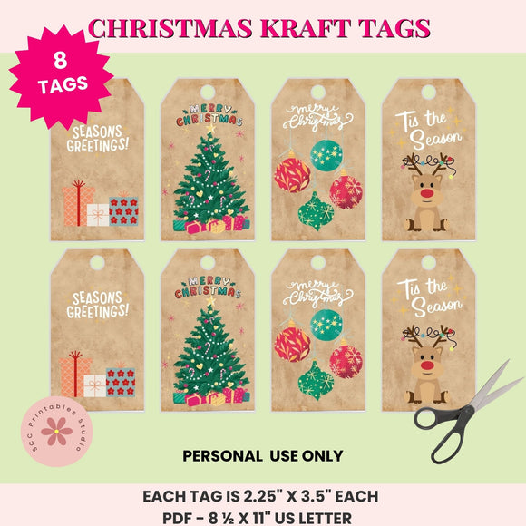 Set of Christmas-themed kraft gift tags with decorative designs on a light green background.