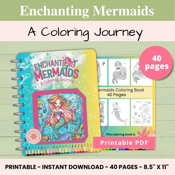 Mermaid Coloring Pages, Printable Fantasy Coloring Book for Adults, Teens, Kids Under the Sea Turtle, Fish, Clam, Crab, and Sea Horse Birthday Party Favor