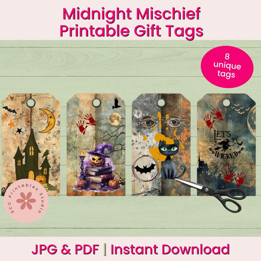 Promotional graphic for printable Halloween gift tags showing four sample tag designs with spooky illustrations: a haunted house, a witch pumpkin, a black cat, and a dark gothic scene. Text reads 'Midnight Mischief Printable Gift Tags,' '8 unique tags,' 'JPG & PDF | Instant Download,' and includes a pink scissors icon and a circular 'DOC PRINTABLESTUDIO' logo.
