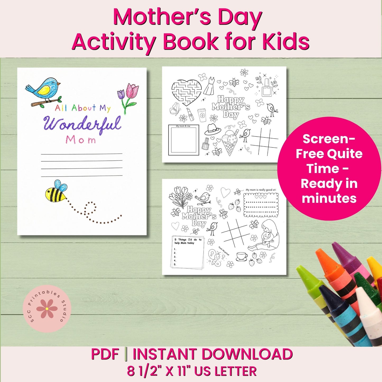 Mother's Day activity book for kids with coloring pages and crayons on a wooden surface