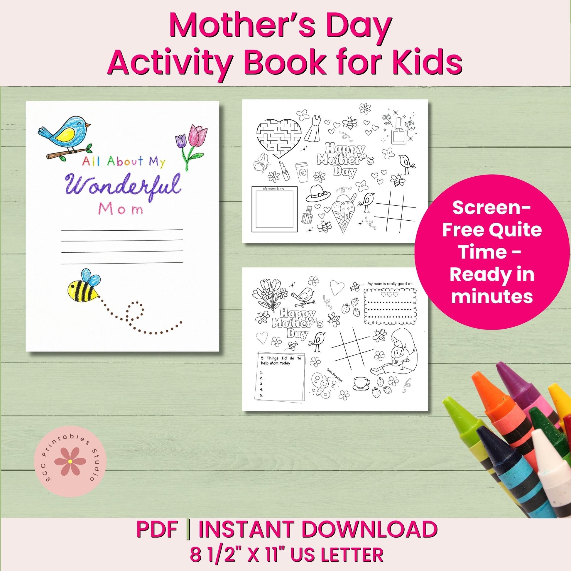Mother's Day activity book for kids with coloring pages and crayons on a wooden surface
