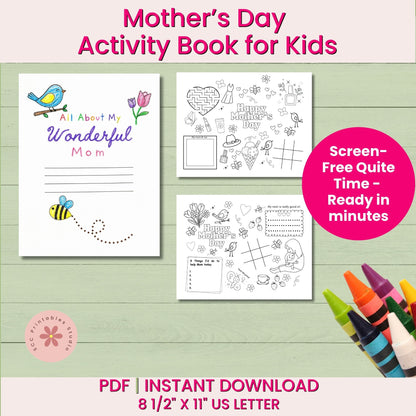 Mother's Day activity book for kids with coloring pages and crayons on a wooden surface