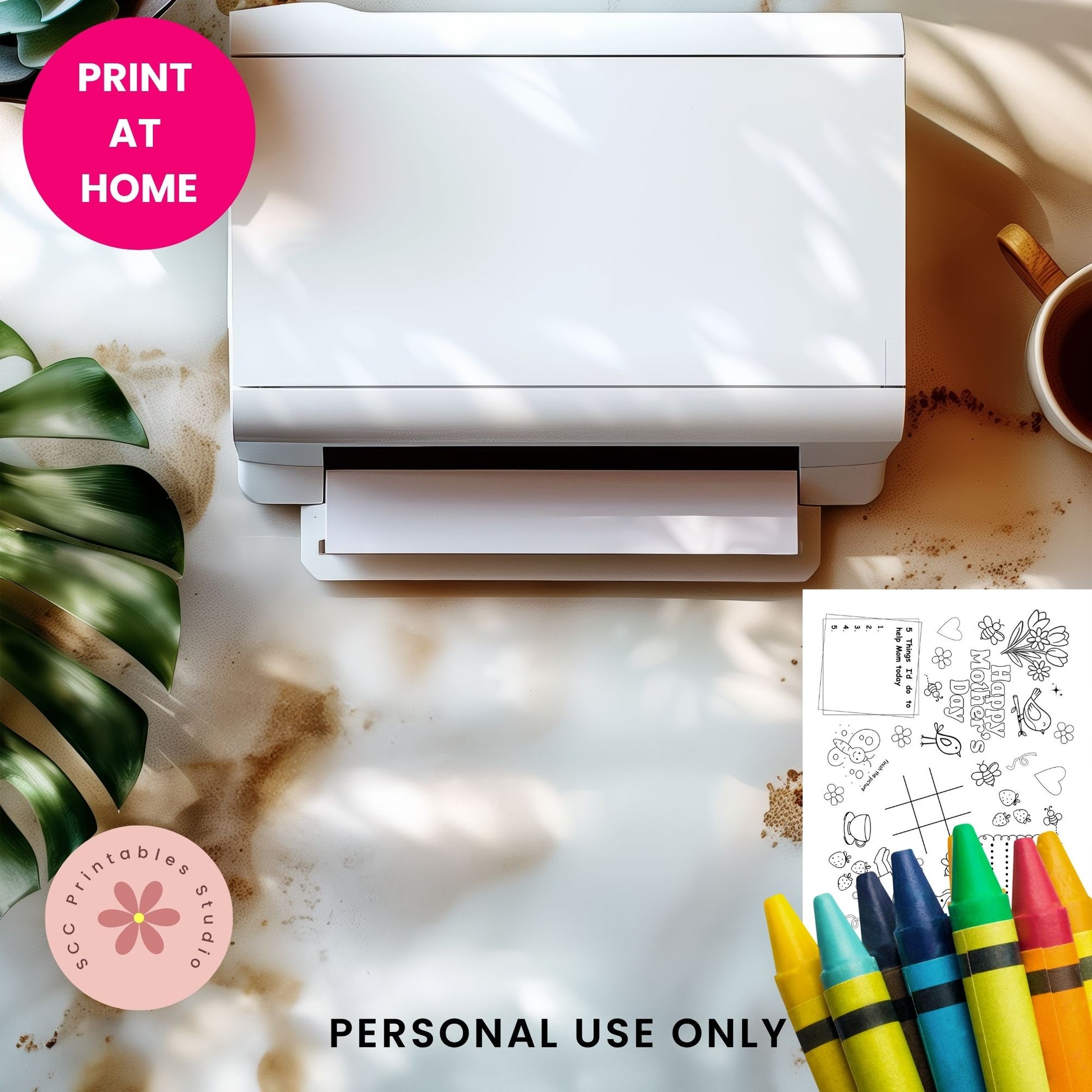 White printer on a desk with coloring pages and crayons, featuring 'Print at Home' and 'Personal Use Only' text.
