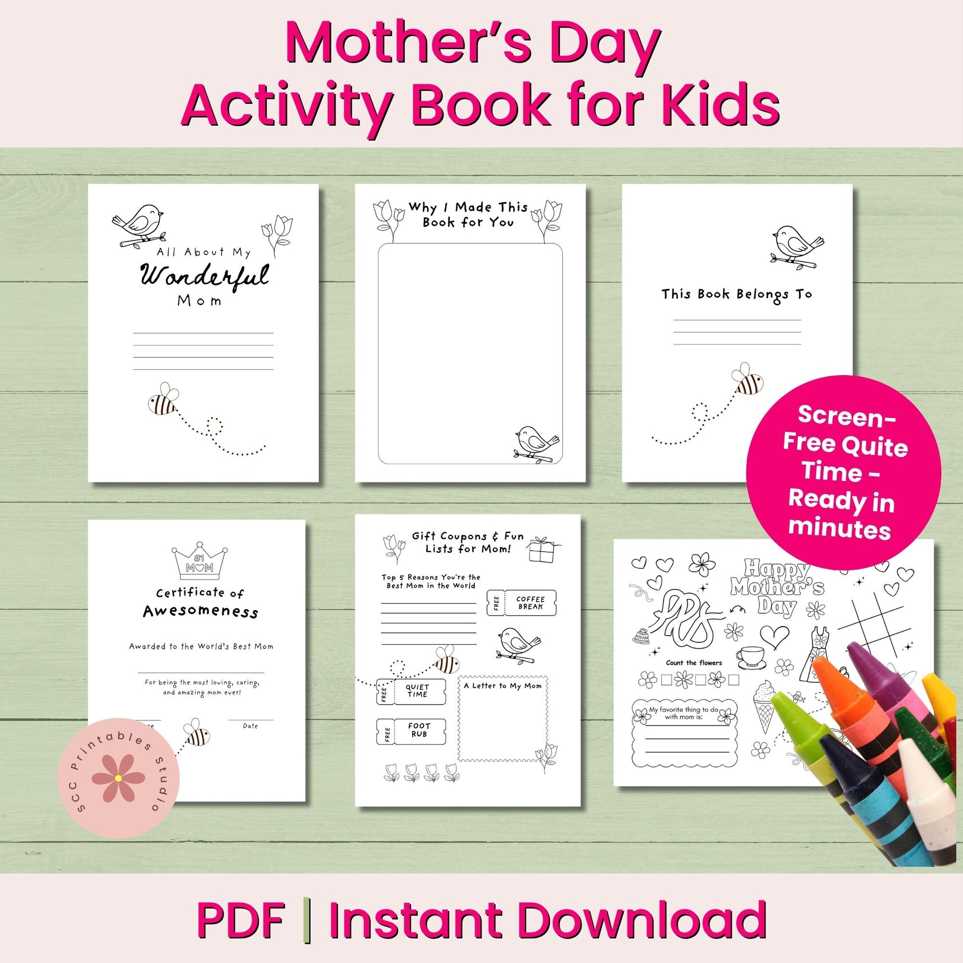 Mother's Day Activity Book for Kids with coloring pages and crayons on a green background