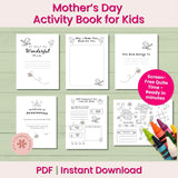 Mother's Day Activity Book for Kids with coloring pages and crayons on a green background