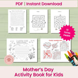 Mother's Day Activity Book for Kids with puzzles and coloring pages on a wooden surface.