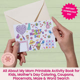 Colorful Mother's Day printable activity book held by hands with a pink envelope on a light green background.