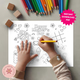 Coloring sheet for Mother's Day with a child coloring, surrounded by colored pencils and blocks.