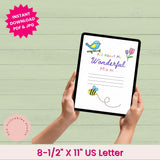 Hands holding a tablet with a coloring book titled 'All About My Wonderful Mom' on a light green wooden surface.