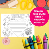 Coloring page with crayons and stationery on a yellow background