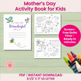 Mother's Day activity book for kids with coloring pages and crayons on a wooden surface