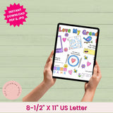 Hands holding a tablet displaying educational content with a green wooden background