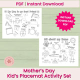 Mother's Day Kid's Placemat Activity Set with coloring pages on a green wooden background.