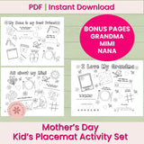 Mother's Day kids' placemat activity set with coloring pages and text on a green background.