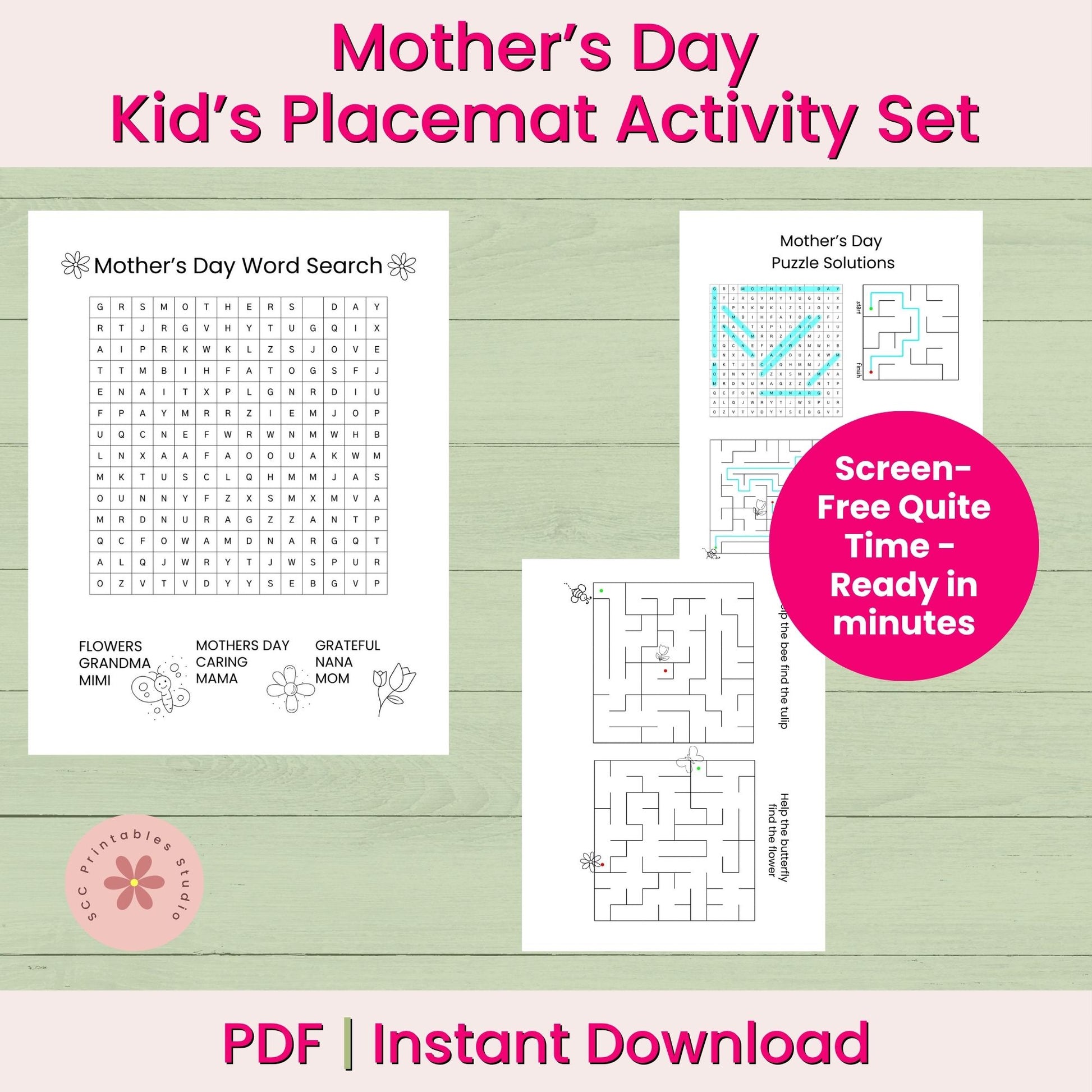 Mother's Day Kid's Placemat Activity Set with word search and maze on a green background