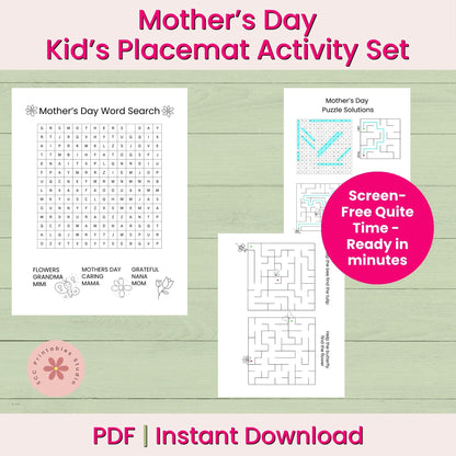 Mother's Day Kid's Placemat Activity Set with word search and maze on a green background