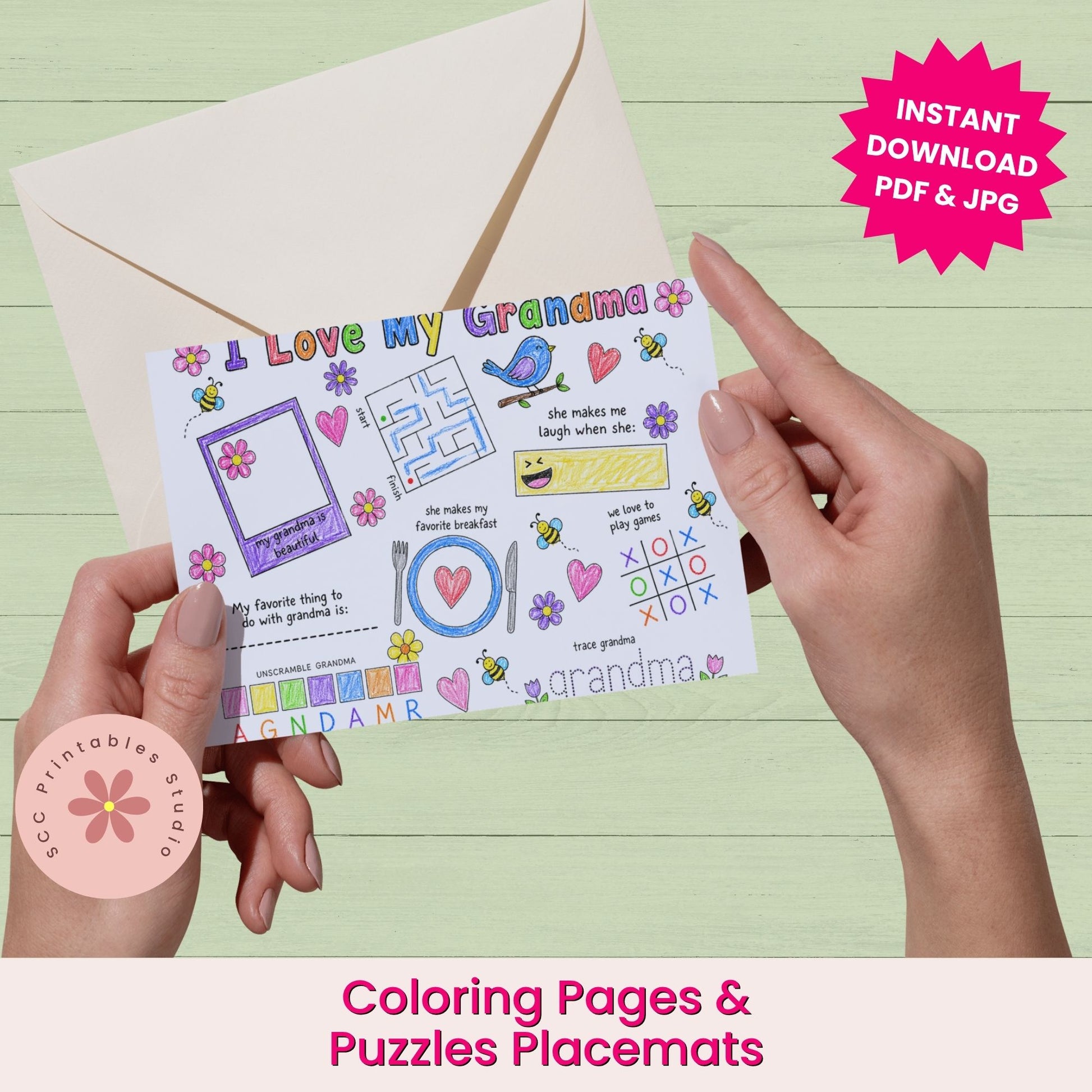 Coloring pages and puzzles placemats held by hands with a pink envelope on a light green background.