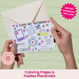 Coloring pages and puzzles placemats held by hands with a pink envelope on a light green background.