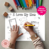 Coloring sheet titled 'I Love My Mom' with a child coloring with a yellow pencil, surrounded by colored pencils and blocks.