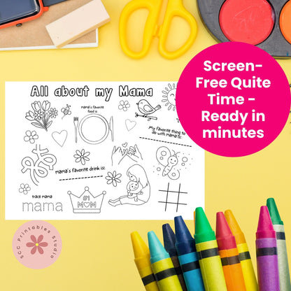 Coloring sheet titled 'All about my Mama' with crayons and stationery on a yellow background