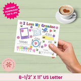 Hand holding a coloring page titled 'I Love My Grandma' with a cup of coffee on a light green wooden surface.