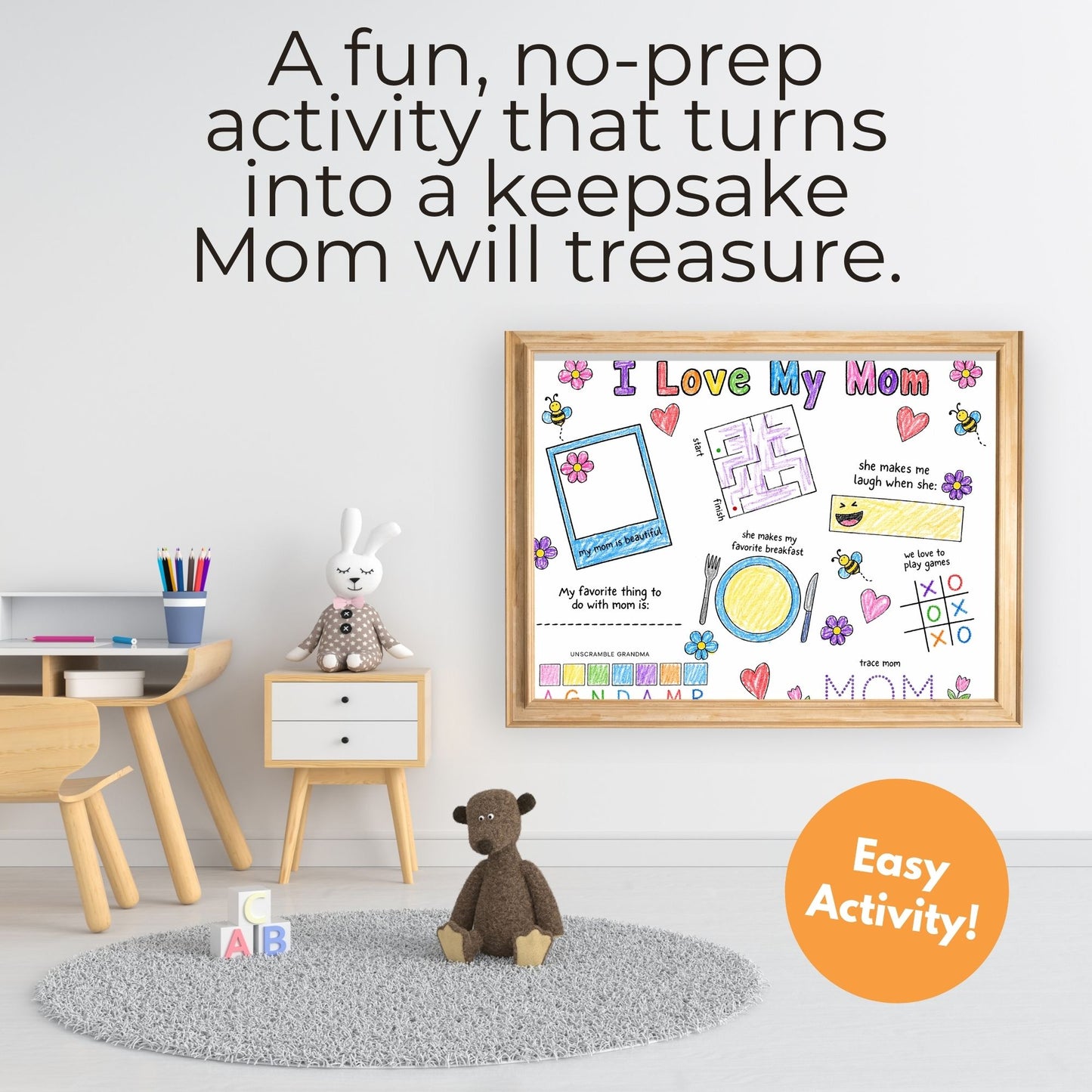 Framed children's activity sheet titled 'I Love My Mom' in a room with toys and furniture.