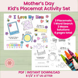 Mother's Day Kids Placemat Activity Set with placemats, word search, mazes, and crayons on a green background.