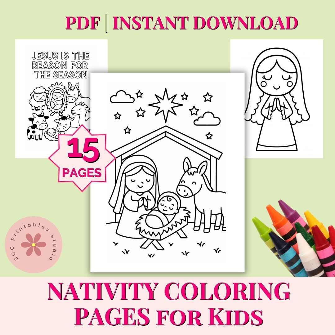 Nativity coloring pages for kids with crayons on a light green background