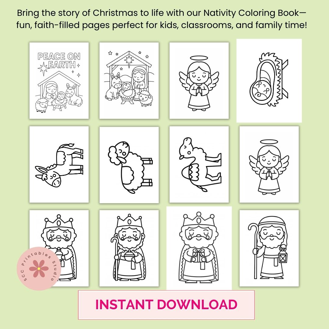 Nativity coloring book pages with a green background and 'Instant Download' text.