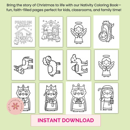 Nativity coloring book pages with a green background and 'Instant Download' text.