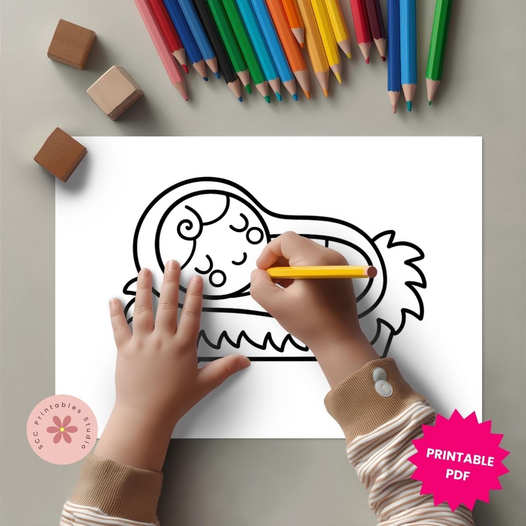 Child coloring a cartoon character with colored pencils on a gray background