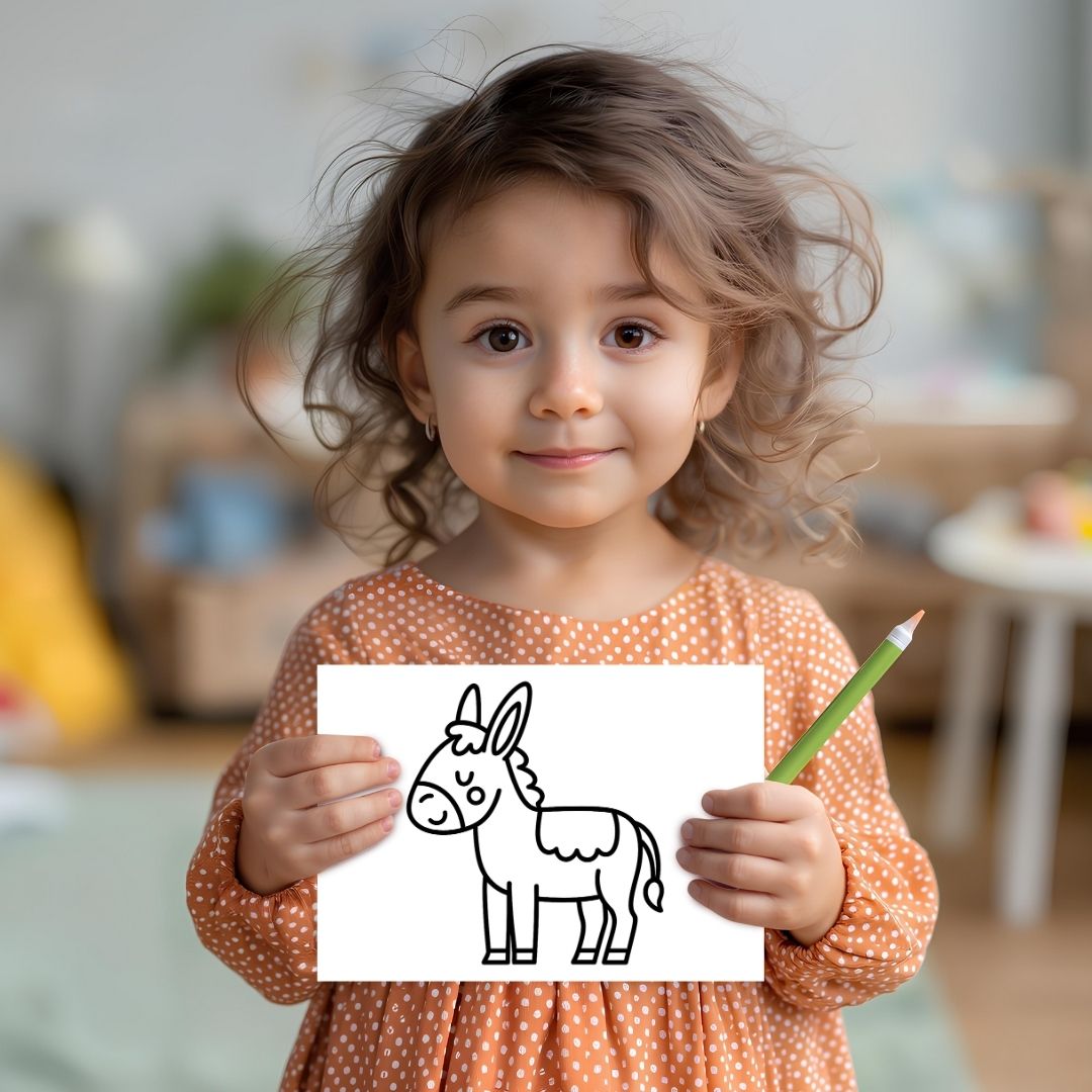 Child holding a drawing of a donkey and a green pencil indoors.