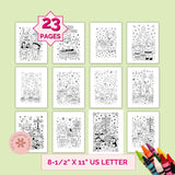 Set of 23 Christmas-themed coloring pages with crayons on a light green background