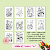 Set of black and white Christmas-themed coloring pages on a light green background with crayons at the bottom.