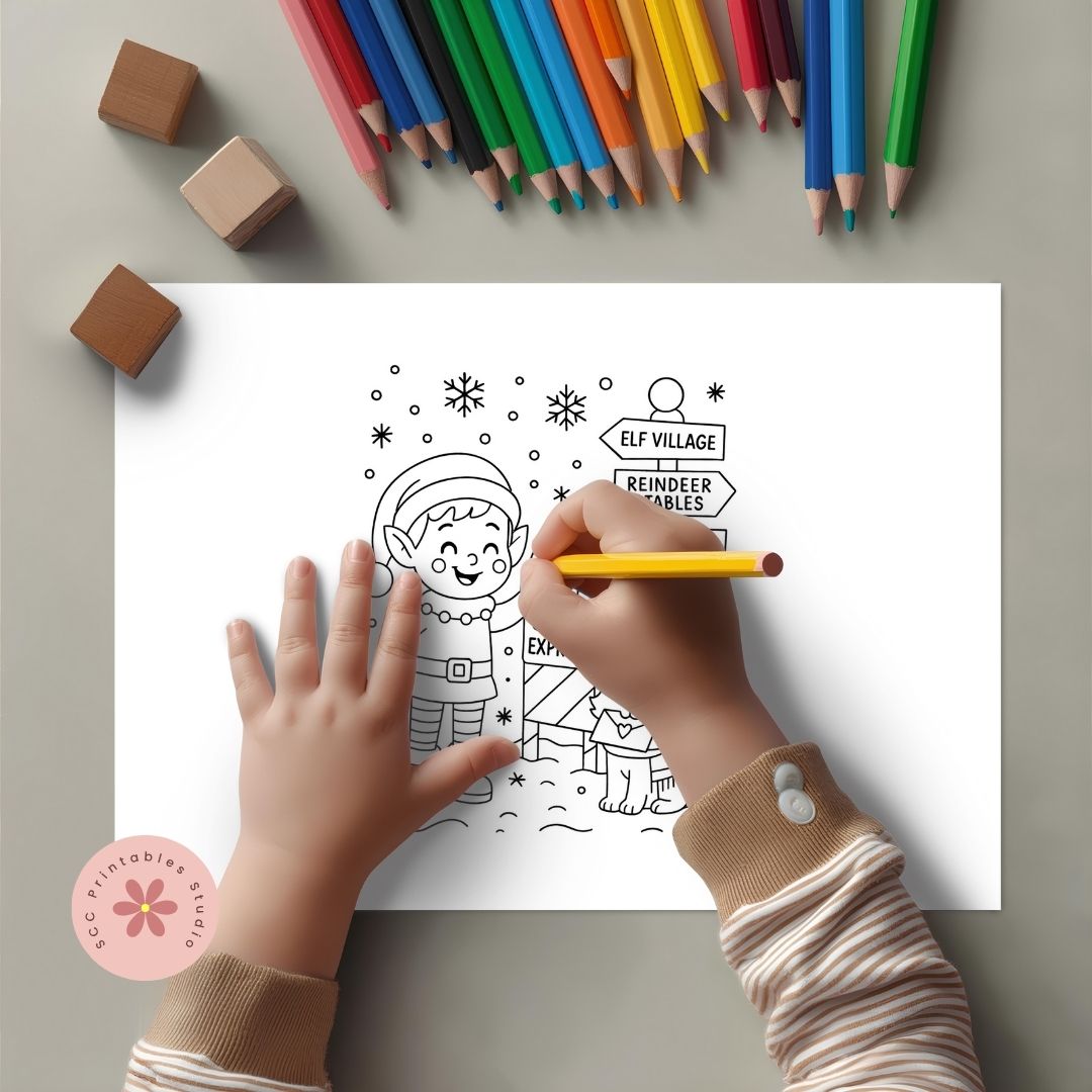 Coloring sheet with a child coloring an elf illustration using colored pencils.