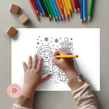 Coloring sheet with a child coloring an elf illustration using colored pencils.