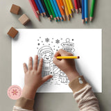 Coloring sheet with a child coloring an elf illustration using colored pencils.