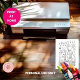 Printer on a wooden surface with coloring book and crayons, featuring 'Print at Home' and 'Personal Use Only' text.