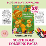 North Pole Coloring Book with coloring pages and crayons on a light green background