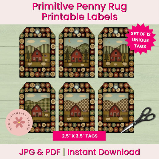 Primitive Penny Rugs Gift Tags, Prim Americana Printable Collage Sheets for Junk Journals, Scrapbooking, Paper Crafting Ephemera