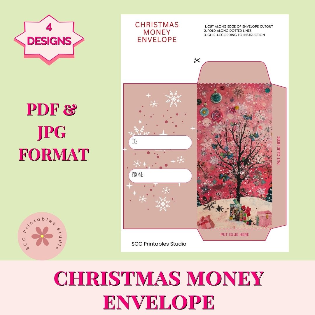 Christmas money envelope with tree design on a light green background