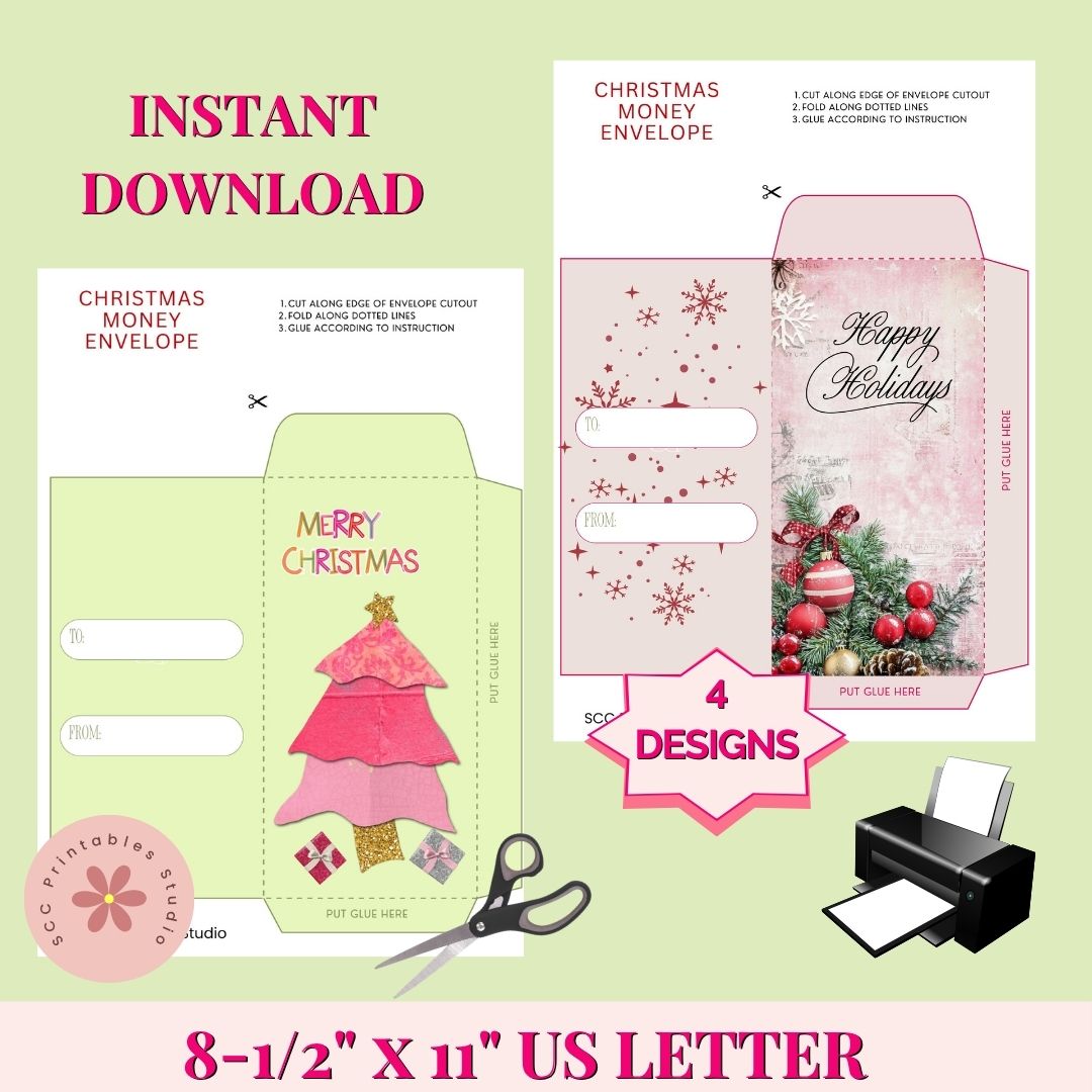 Christmas money envelope templates with printing instructions on a green background