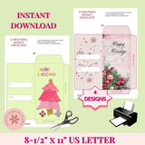 Christmas money envelope templates with printing instructions on a green background