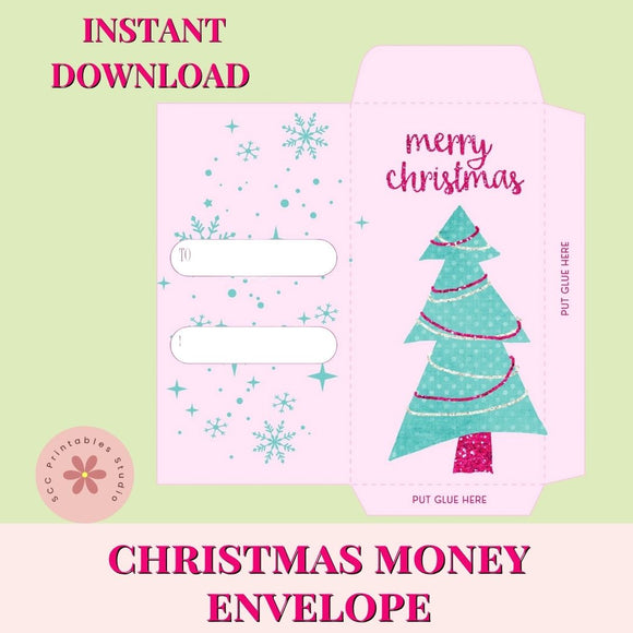 Christmas money envelope with tree design on a light green background