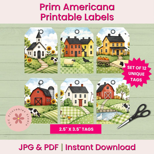 Primitive Saltbox Farm Printable Gift Tags, Sheep Collage Sheets for Junk Journals, Scrapbooking & Paper Crafting